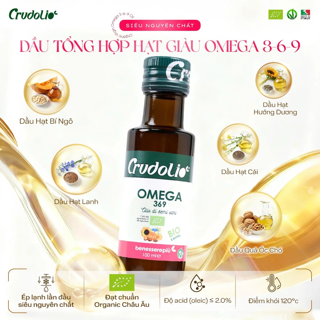 Dầu hạt giàu Omega 3 6 9 ép lạnh hữu cơ Crudolio 100ml cho bé ăn dặm