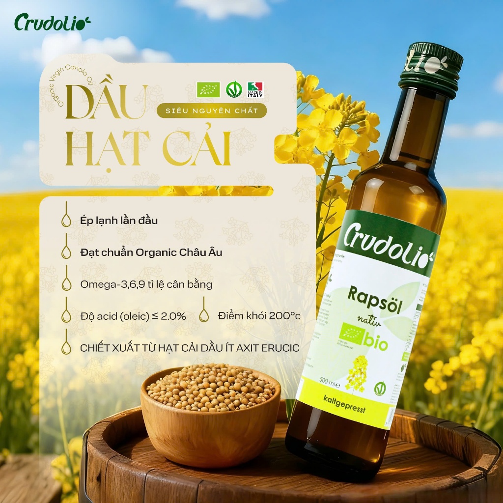 Dầu Hạt Cải Hữu Cơ Ép Lạnh Nguyên Chất CRUDOLIO Thuần Chay Ăn Dặm