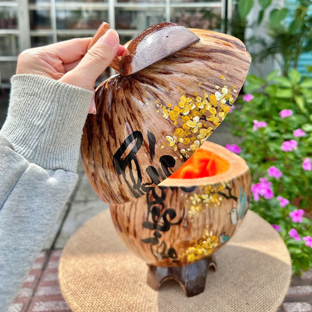 [ SIZE 800ML - 1000ML ] Bình Ủ Trái Dừa Vẽ Thư Pháp Mẫu PHÚC LỘC THỌ BÓNG Giữ Nhiệt Ấm Trà Cao Cấp, Trang Trí Bàn Trà