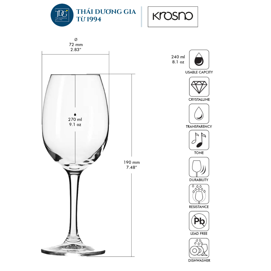 Bộ 6 ly vang trắng pha lê ELITE 240ml Krosno Ba Lan, Ly vang cao cấp - 790169 | Thái Dương Gia
