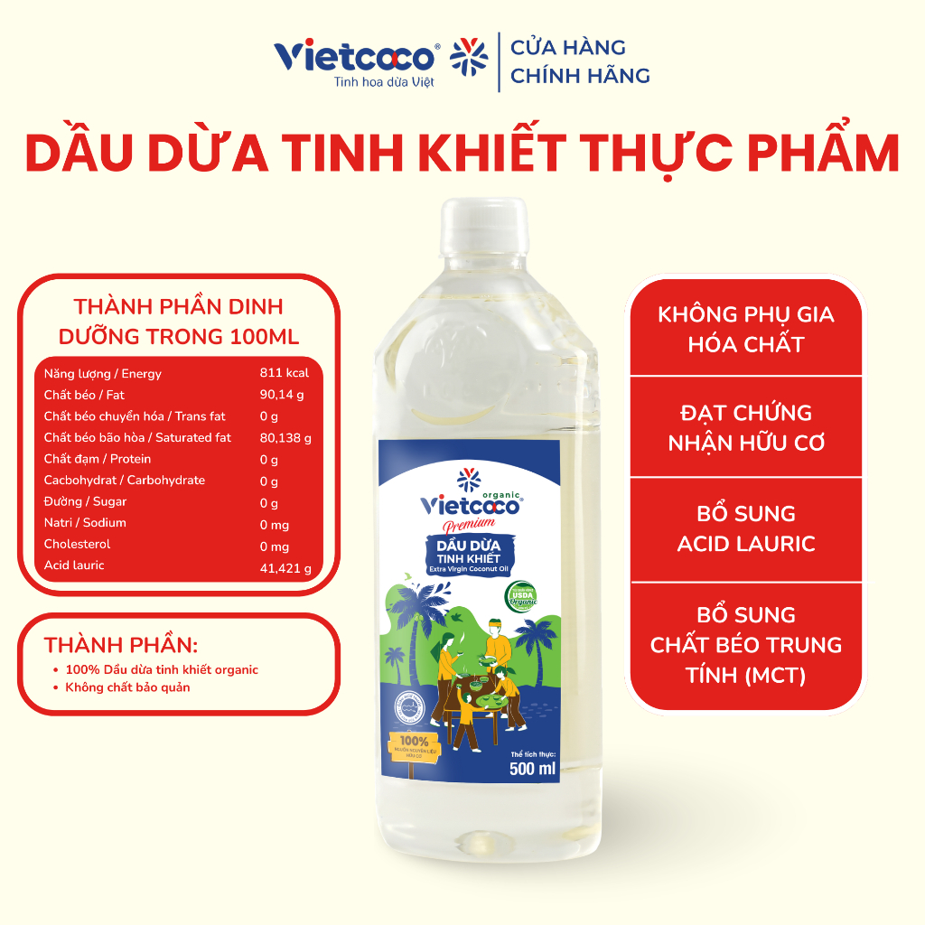 Dầu dừa tinh khiết ORGANIC Vietcoco chai pet 500ml