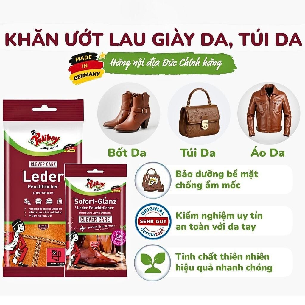 Khăn ướt chăm sóc đồ da Poliboy Leather Wipes 20 miếng