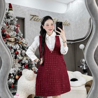 Yếm bầu ANAN thiết kế công sở dáng xuông cổ tim, chất dạ hàn đính kim tuyến  (KÈM ÁO SƠ MI)