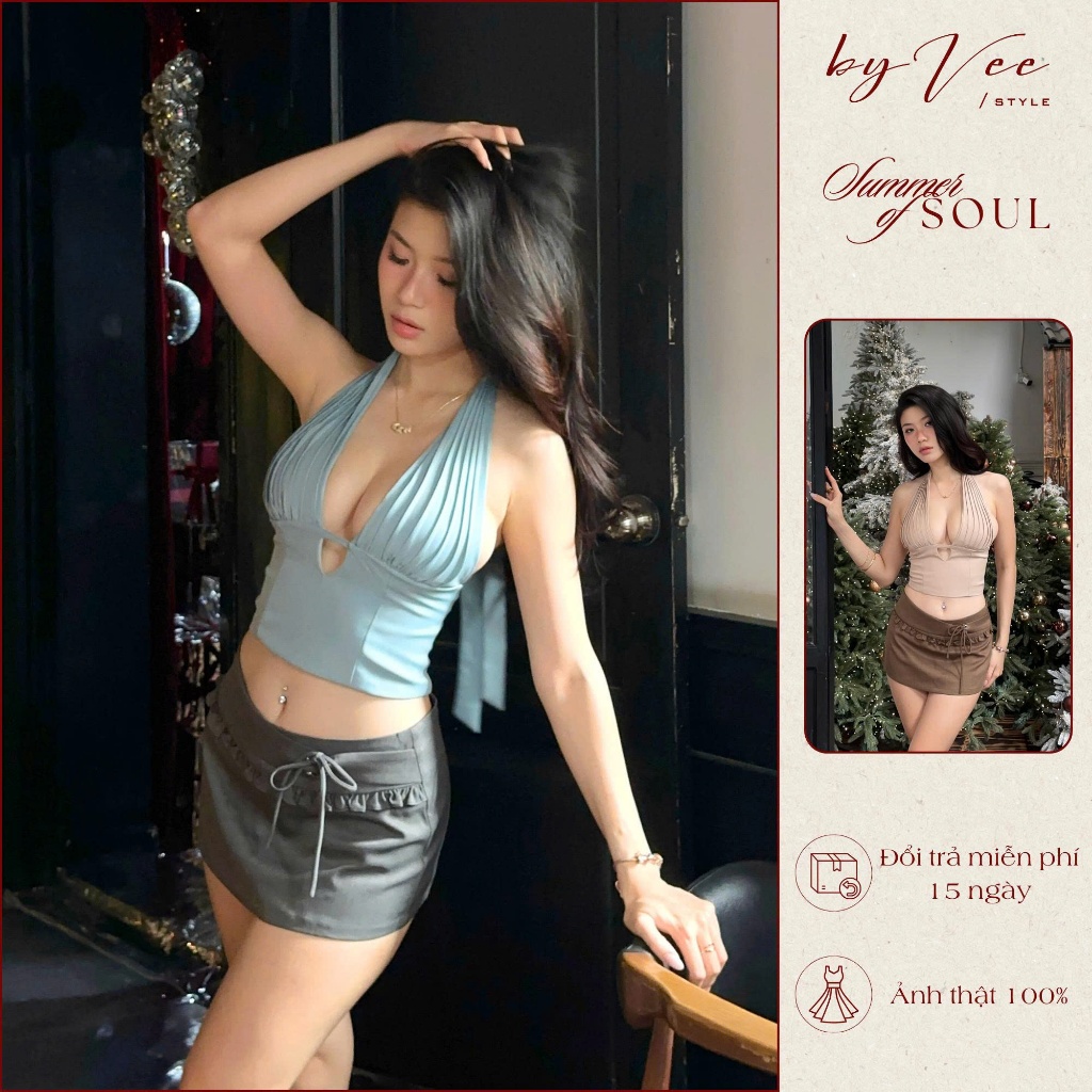 Áo cổ yếm be xếp ly - Honey Halter ByVeStyle, áo kiểu Cổ V tôn V1 có lót mặc slay đi date đi chơi