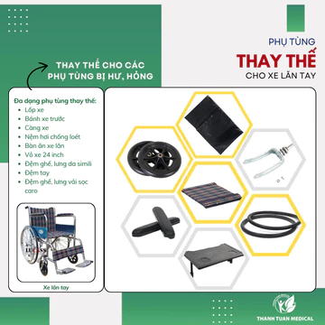Phụ tùng xe lăn TAY: Lốp xe, bánh xe, càng xe, đệm hơi chống loét, bàn ăn xe lăn - Dùng được với các loại xe lăn