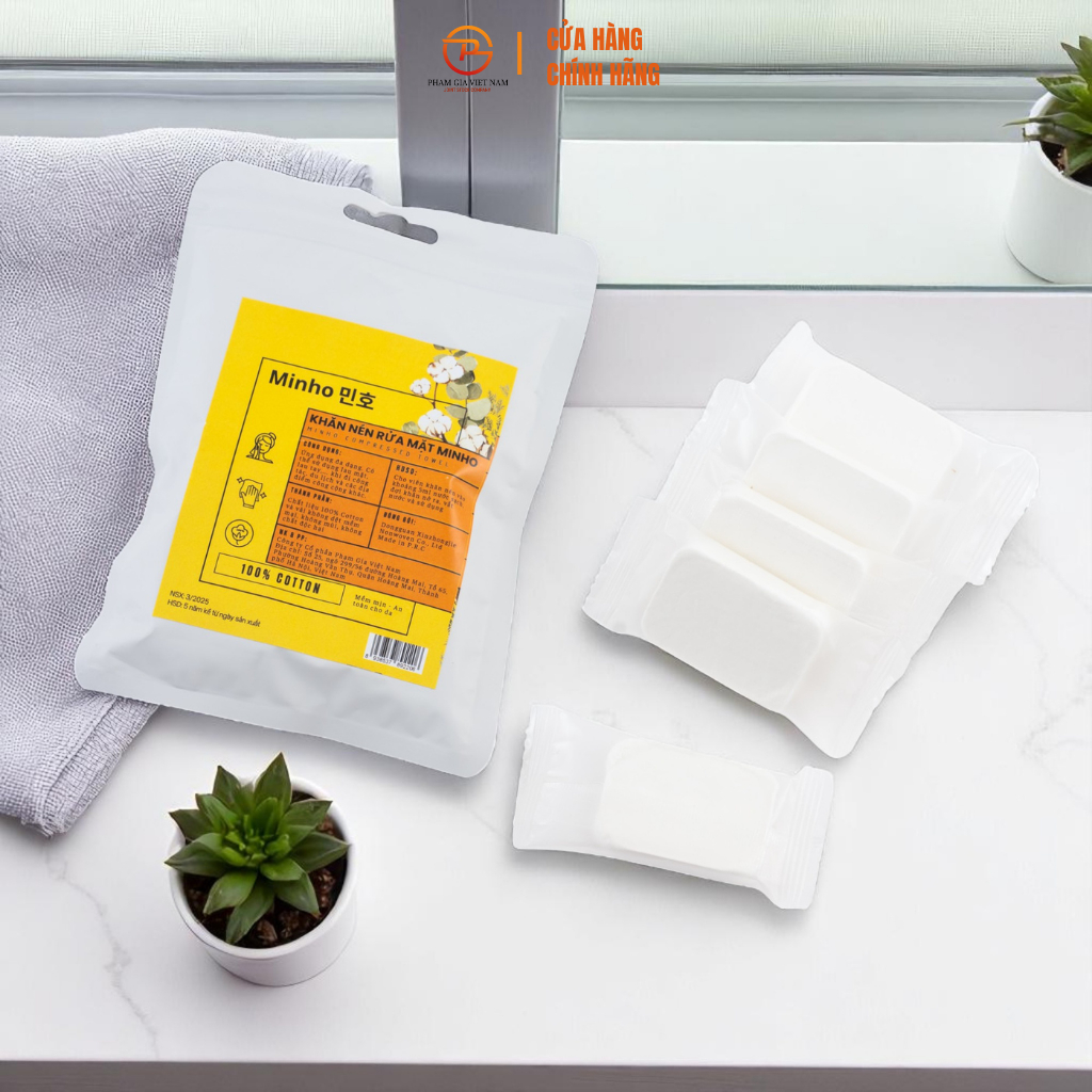 Khăn Nén Rửa Mặt Minho – Túi 5 Viên Cotton Nguyên Chất, Không Xơ Bông, Tiện Lợi Du Lịch & Skincare