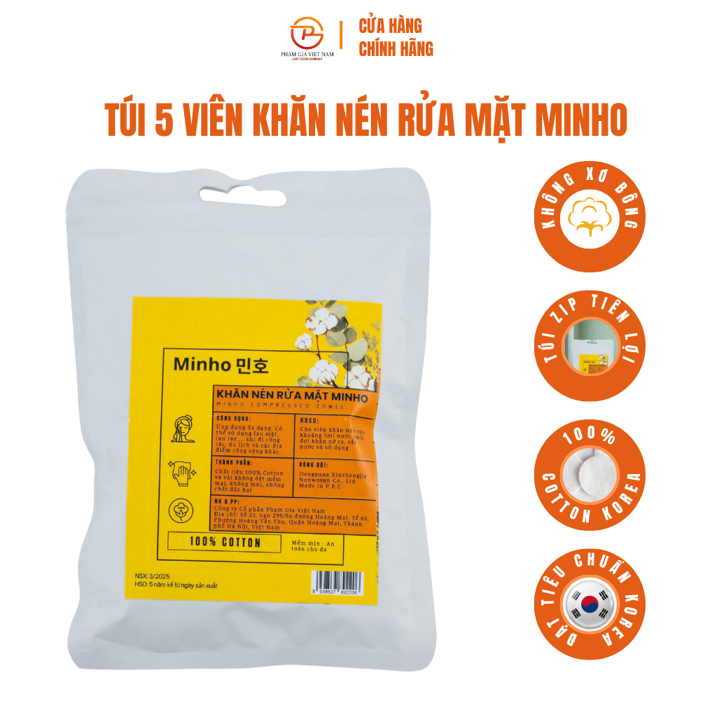 Khăn Nén Rửa Mặt Minho – Túi 5 Viên Cotton Nguyên Chất, Không Xơ Bông, Tiện Lợi Du Lịch & Skincare