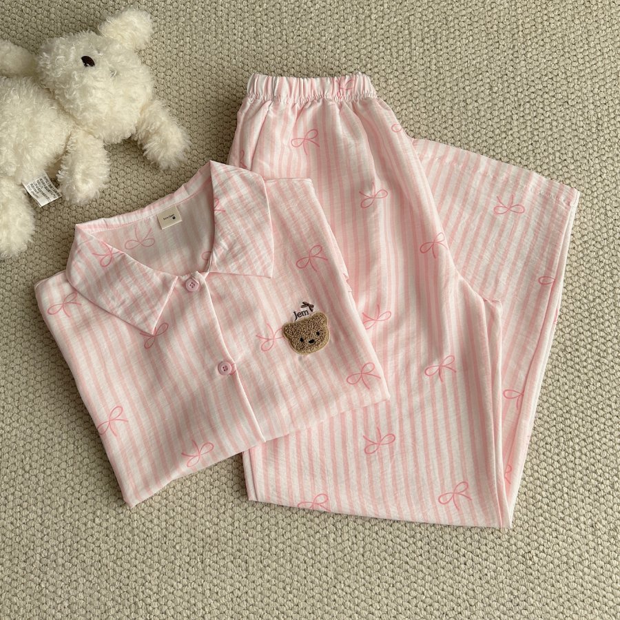 SET BỘ ĐỒ QUẦN DÀI ÁO TAY NGẮN TIẾT SỌC NƠ FORM RỘNG CHẤT ĐŨI - LINE - 8215 - JEMCLOSET