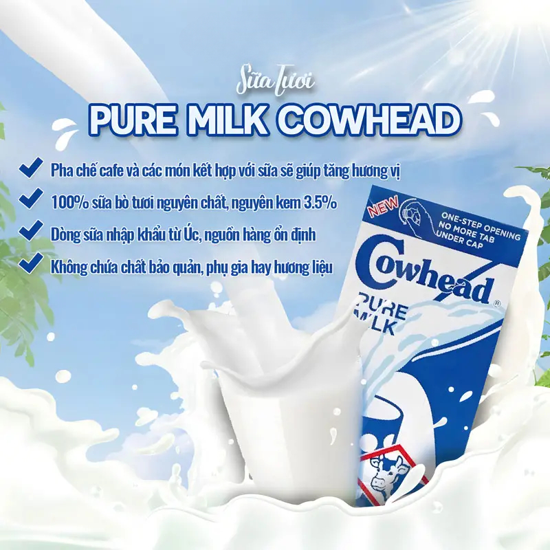Sữa Tươi Nguyên Kem Cowhead Úc 1L, Thơm Ngon Bổ Dưỡng Tạo Bọt Mịn, Nguyên Liệu Pha Cafe Chuẩn Vị