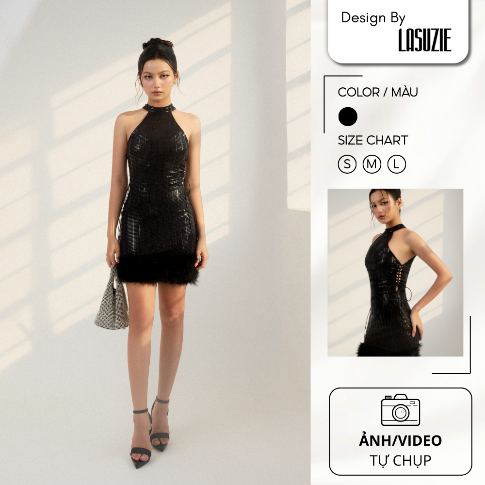 Váy Thiết Kế GLITZ BODYCON Design By Lasuzie Đầm Đen Dự Tiệc Cổ Yếm Ôm Body Phối Lông Sang Trọng