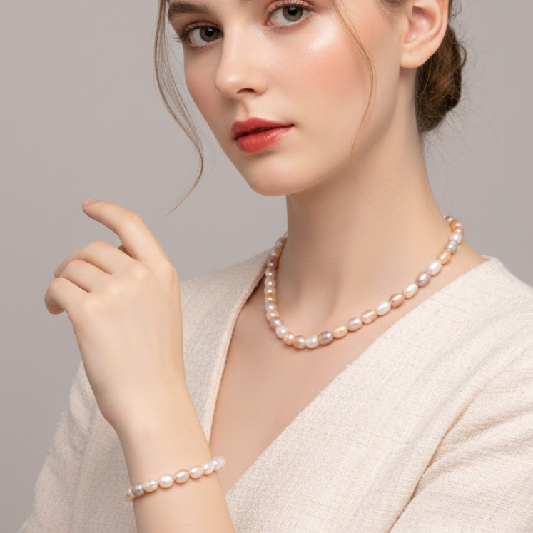 SET42 - Bộ trắng Sức ngọc trai 6-7li Bầu Dục Ngũ Sắc và ngọc trai Hồng - Vòng Cổ, Vòng Tay, Bông Tai - Forever Young