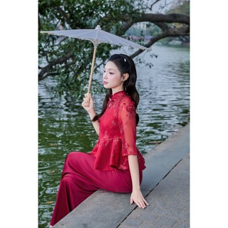 Set Áo Tơ Thêu 2 Lớp Tay Lửng Cổ Tàu Đính Nơ Kèm Quần Lụa Suông – Trẻ Trung, Sang Trọng MioLady BO002