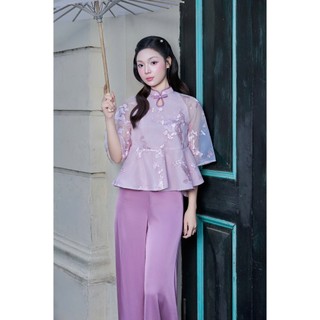 Set Áo Tơ Thêu 2 Lớp Tay Lửng Cổ Tàu Đính Nơ Kèm Quần Lụa Suông – Trẻ Trung, Sang Trọng MioLady BO002