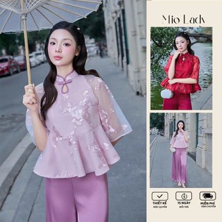 Set Áo Tơ Thêu 2 Lớp Tay Lửng Cổ Tàu Đính Nơ Kèm Quần Lụa Suông – Trẻ Trung, Sang Trọng MioLady BO002
