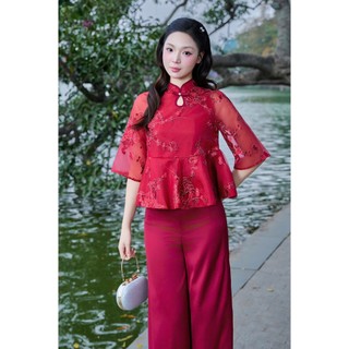 Set Áo Tơ Thêu 2 Lớp Tay Lửng Cổ Tàu Đính Nơ Kèm Quần Lụa Suông – Trẻ Trung, Sang Trọng MioLady BO002
