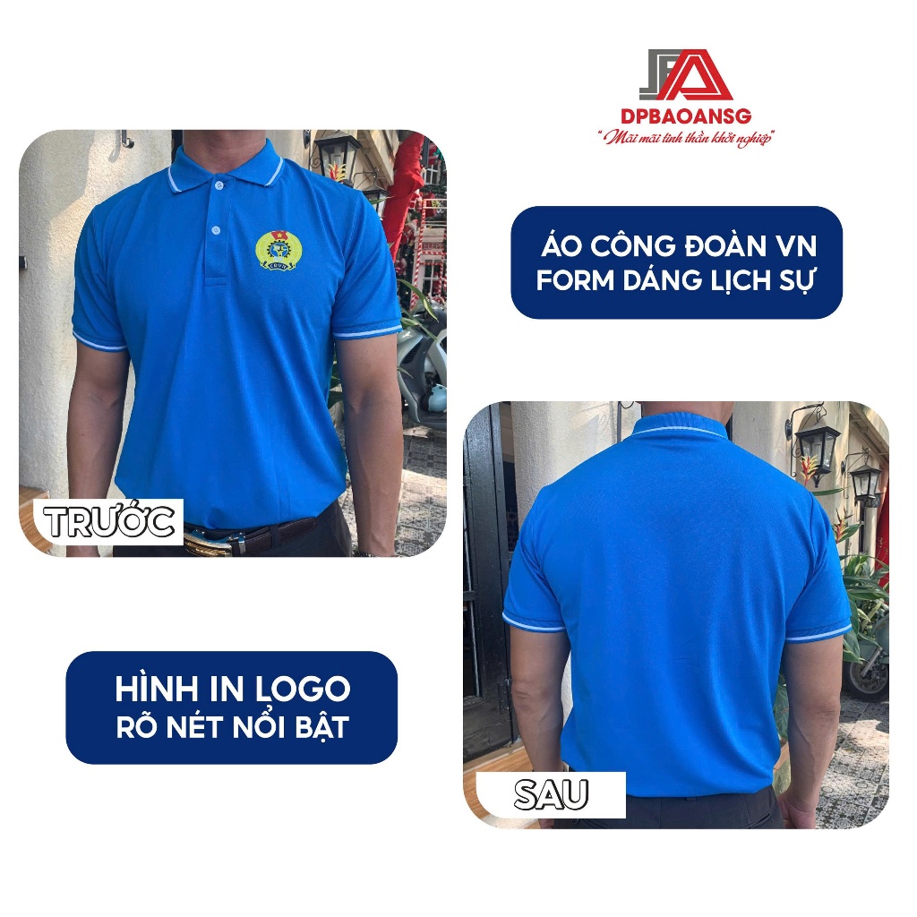 Áo Thun Công Đoàn Việt Nam Nam Nữ Màu Xanh Vải Poly Thái Mềm Thoáng – Cổ Trụ Tay Ngắn Thanh Lịch