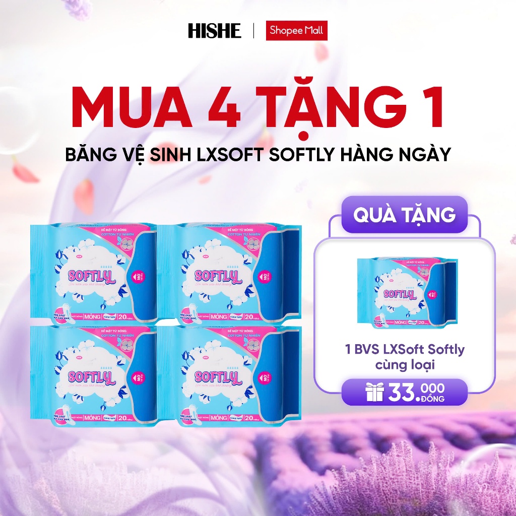 Combo 4 gói Băng vệ sinh Lxsoft Softly siêu mỏng, mặt bông lượn sóng, không mùi, không kích ứng