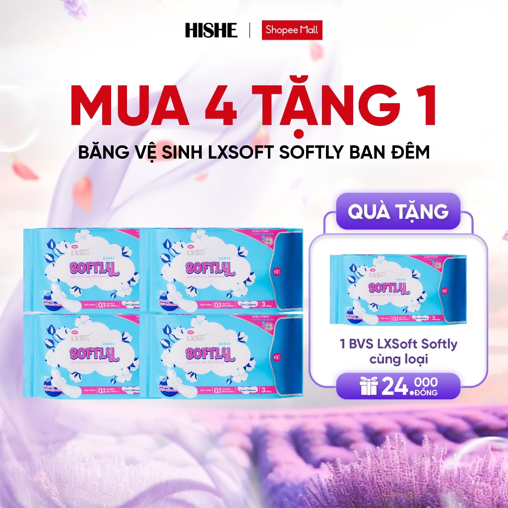 Combo 4 gói Băng vệ sinh Lxsoft Softly siêu mỏng, mặt bông lượn sóng, không mùi, không kích ứng