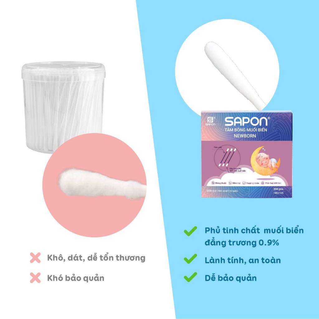 Combo 10 hộp Tăm bông cho bé sơ sinh SAPON NewBorn 200 que thân giấy đầu siêu nhỏ bông mềm(TB02-106)
