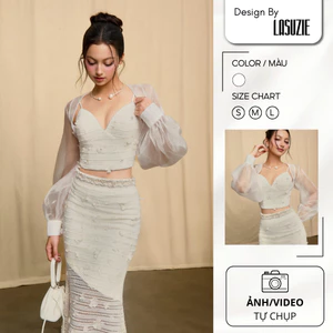 Áo Thiết Kế LISSE TOP & LISSE SKIRT Trắng Croptop Hai Dây Phối Áo Khoác Tay Voan Trong Suốt Dự Tiệc Thanh Lịch