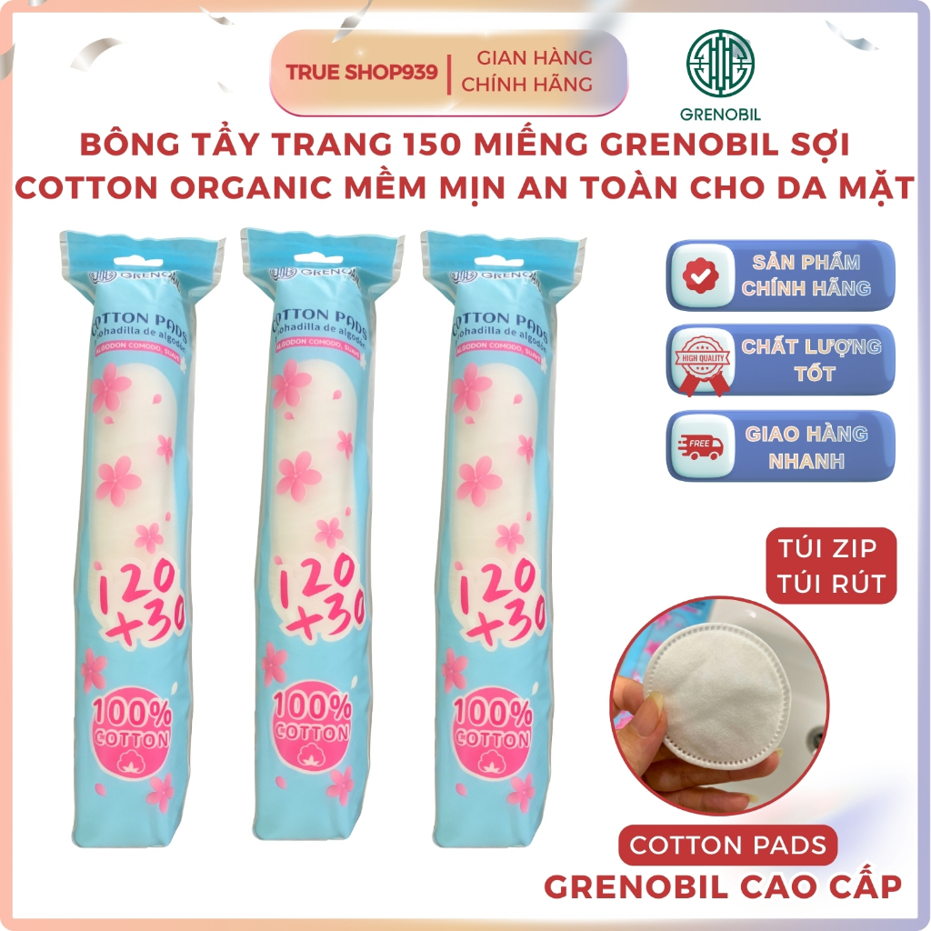 Túi Bông Tẩy Trang Tròn 150 Miếng GRENOBIL sợi cotton Organic mềm mịn an toàn cho da mặt