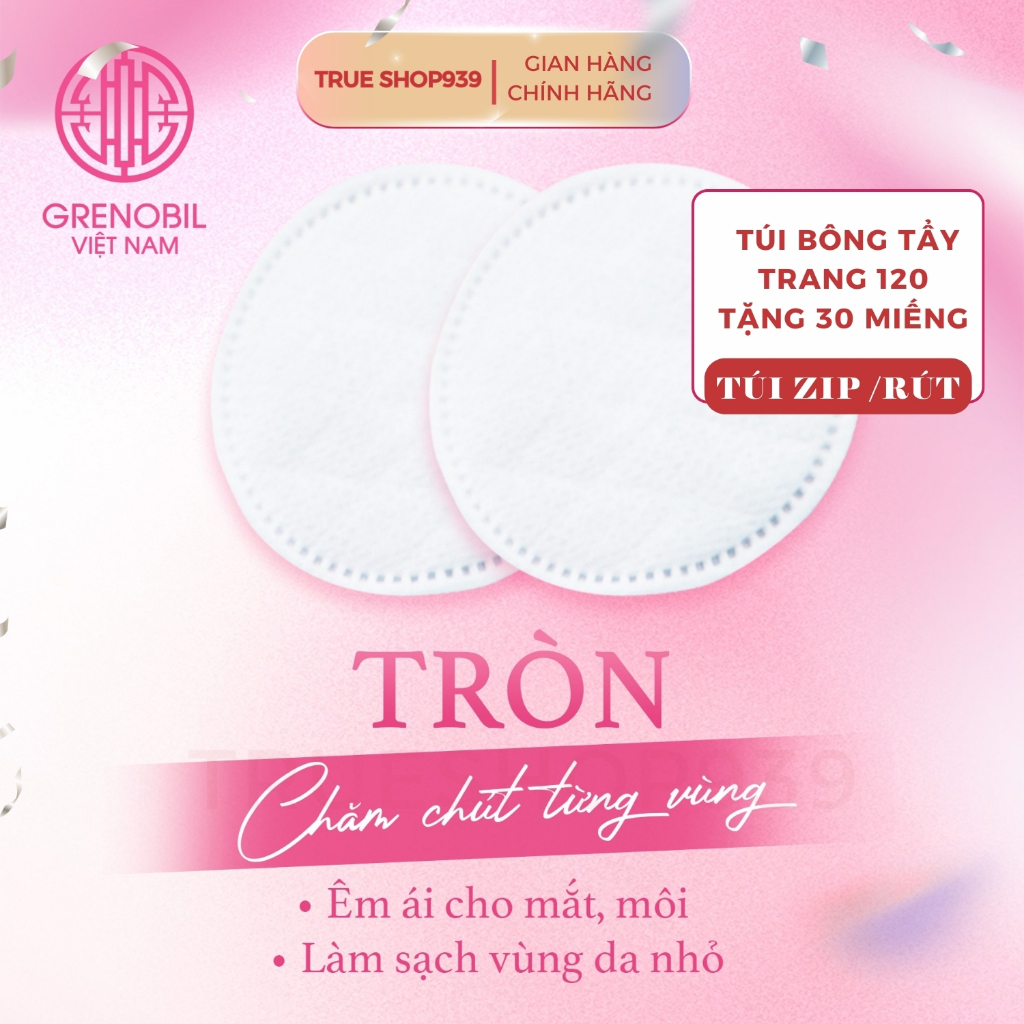 Túi Bông Tẩy Trang Tròn 150 Miếng GRENOBIL sợi cotton Organic mềm mịn an toàn cho da mặt