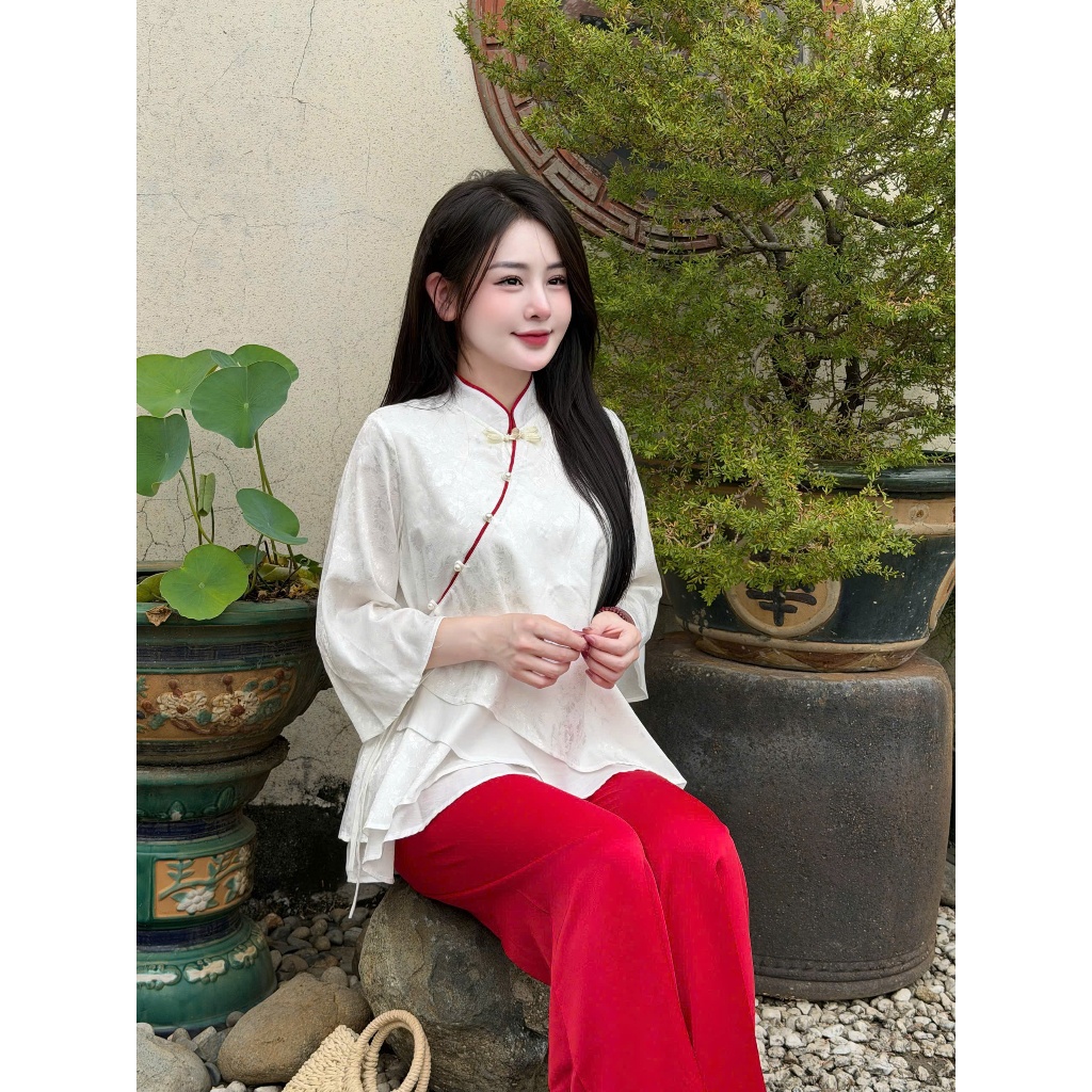 Pháp phục đi chùa cổ tàu vạt chéo phối lụa 2 lớp Bộ đồ lam đi lễ cách tân khuy cách điệu gấm mềm mịn Sang trọng