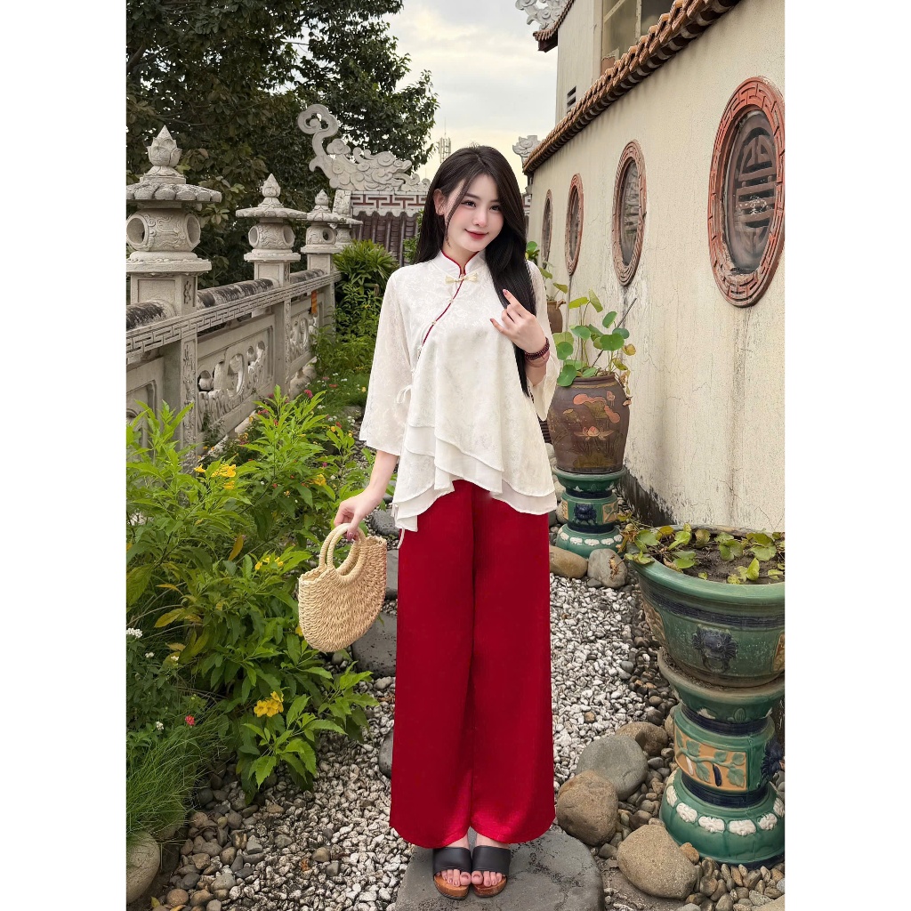 Pháp phục đi chùa cổ tàu vạt chéo phối lụa 2 lớp Bộ đồ lam đi lễ cách tân khuy cách điệu gấm mềm mịn Sang trọng