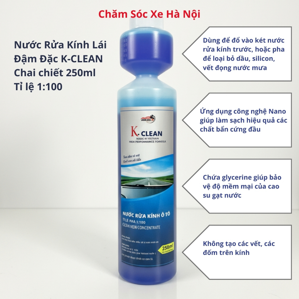 Combo 2 Chai Nước Rửa Kính Ô Tô Đậm Đặc K-CLEAN 250ml – Tỷ Lệ Pha 1:100 – Chiết Từ Can 5L – Làm Sạch Kính, Chống Bám Bụi