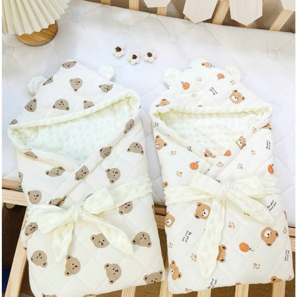 Ủ choàng xô trần bông muslin lót nhung hạt đậu, ủ quấn bé sơ sinh ấm áp mùa đông 75*75cm