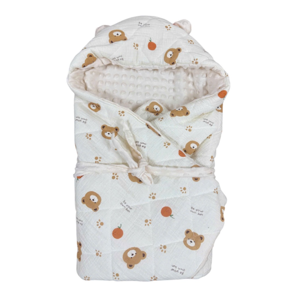 Ủ choàng xô trần bông muslin lót nhung hạt đậu, ủ quấn bé sơ sinh ấm áp mùa đông 75*75cm