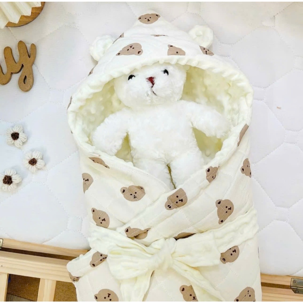 Ủ Xô Trần Bông Muslin Lót Trong Vải Nhung Hạt Đậu, Chăn ủ choàng cho bé sơ sinh Mùa Thu Đông 75*75 mềm mại êm ái