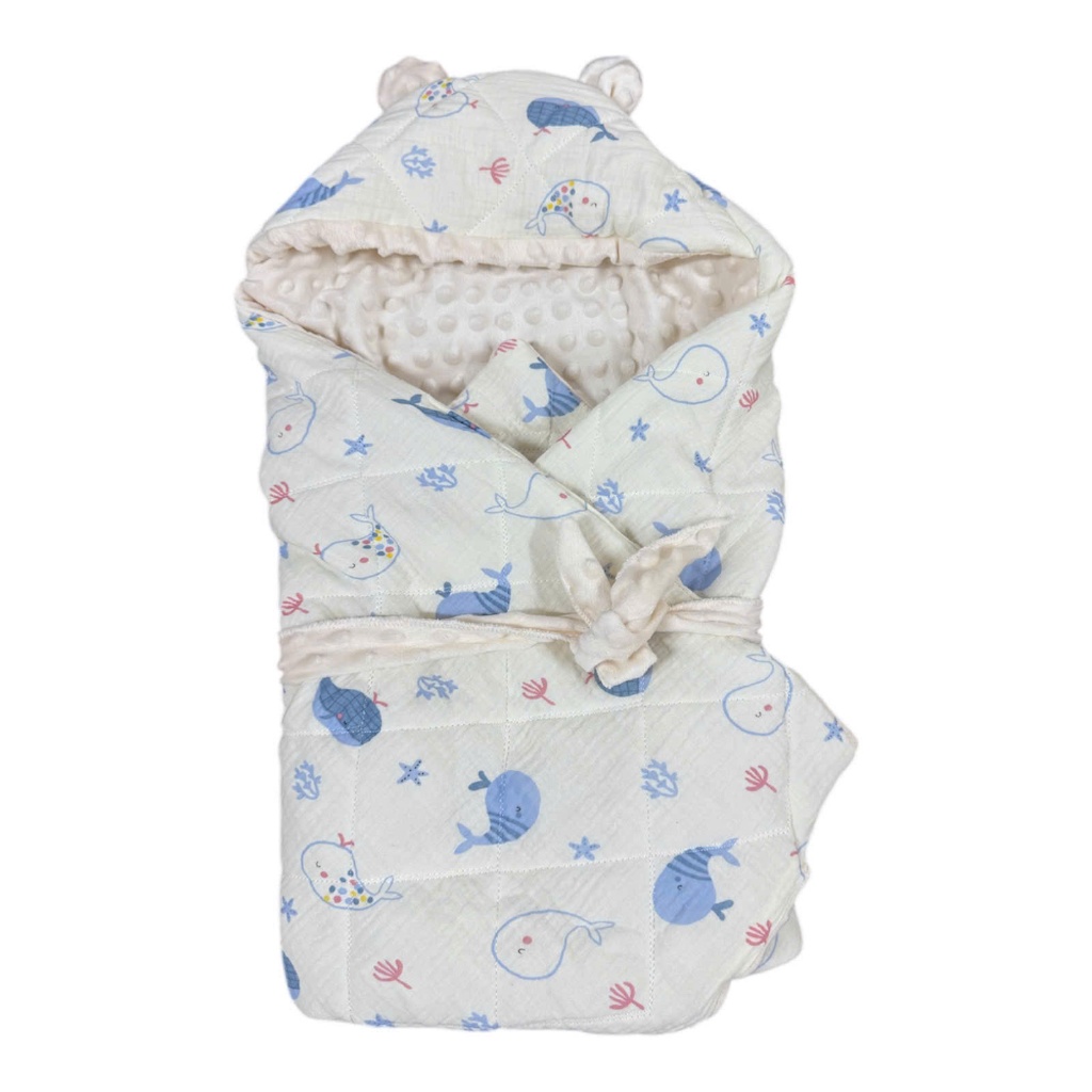 Ủ choàng xô trần bông muslin lót nhung hạt đậu, ủ quấn bé sơ sinh ấm áp mùa đông 75*75cm