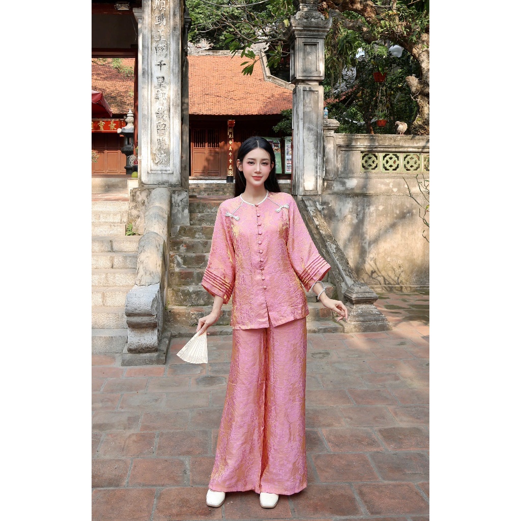 Pháp phục đi chùa cổ tròn tằm Tency ống tay xếp ly Đồ bộ đi chùa đính khuy đá cách điệu gấm tằm mềm mịnh