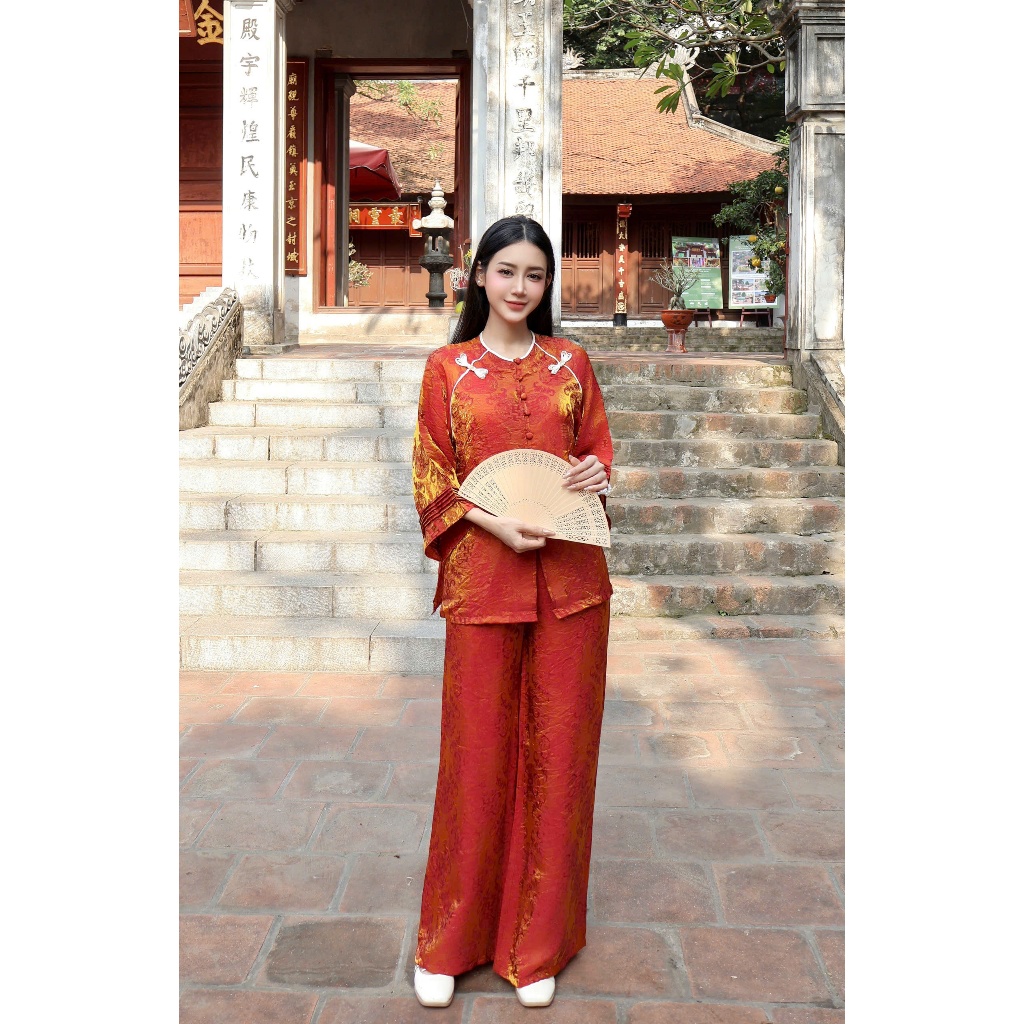 Pháp phục đi chùa cổ tròn tằm Tency ống tay xếp ly Đồ bộ đi chùa đính khuy đá cách điệu gấm tằm mềm mịnh