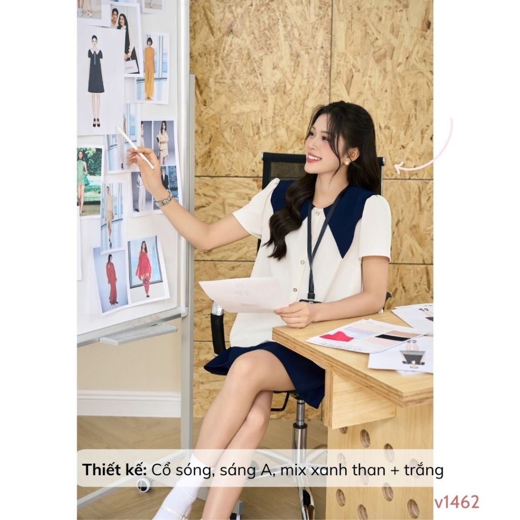 Set đồ bầu thiết kế sang trọng lịch sự: cổ sóng dáng suông, chất chéo ý mềm, co giãn nhẹ V1462 B2MUM