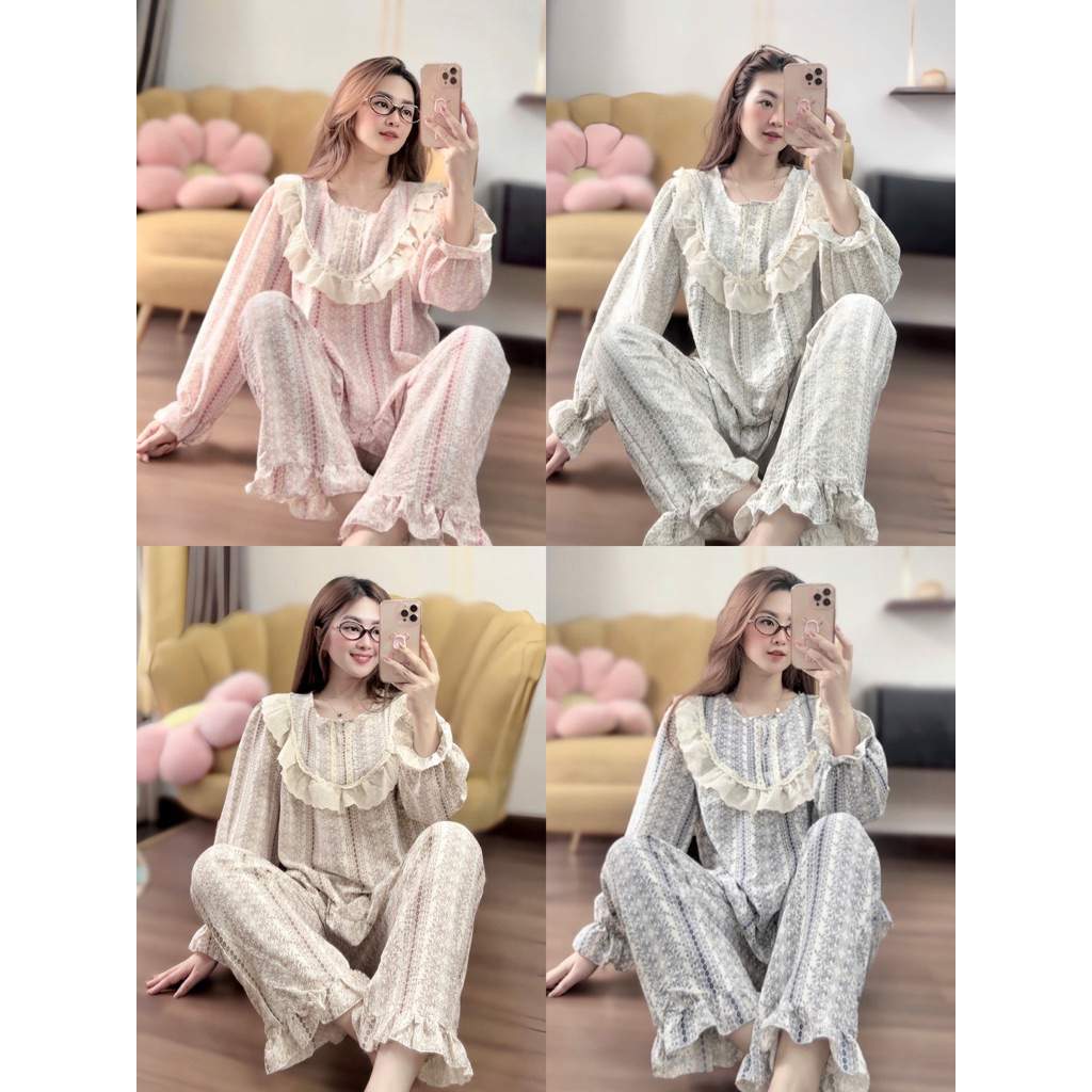 Bộ ngủ đũi hoa mặc nhà cho nữ mềm êm tay dài