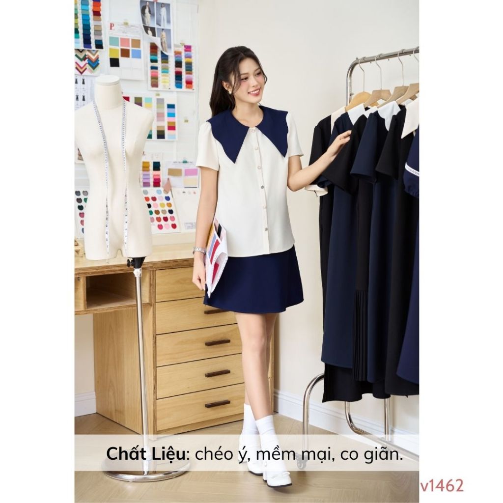 Set đồ bầu thiết kế sang trọng lịch sự: cổ sóng dáng suông, chất chéo ý mềm, co giãn nhẹ V1462 B2MUM