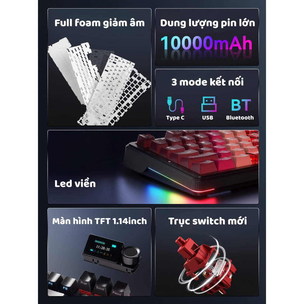Bàn phím cơ không dây Ajazz MK87 Pro - Mạch xuôi - Màn hình TFT - LED RGB - Gasketmount - Núm xoay - Pin 10000mah | BigBuy360 - bigbuy360.vn