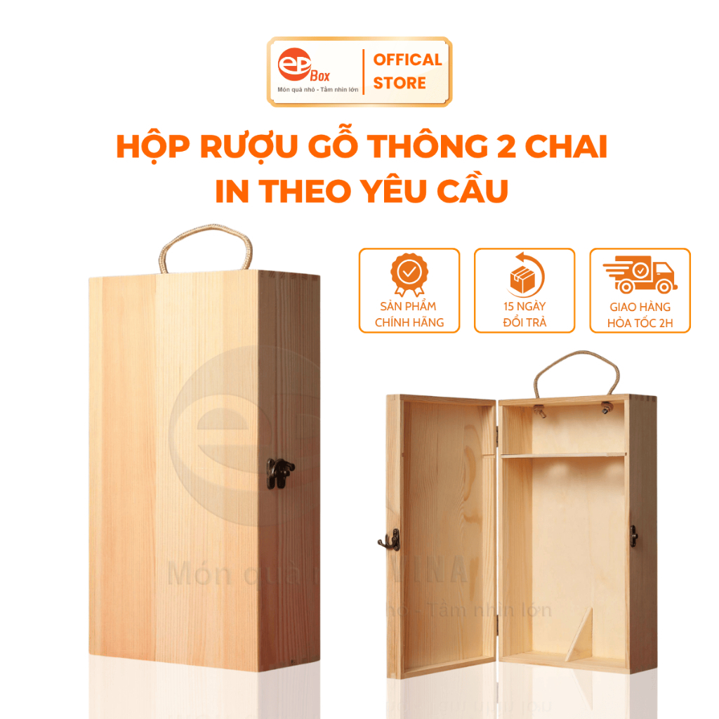 Hộp Gỗ Đôi Đựng Rượu Gỗ Thông Có Dây Thừng Quai Xách Chắc Chắn Epvina