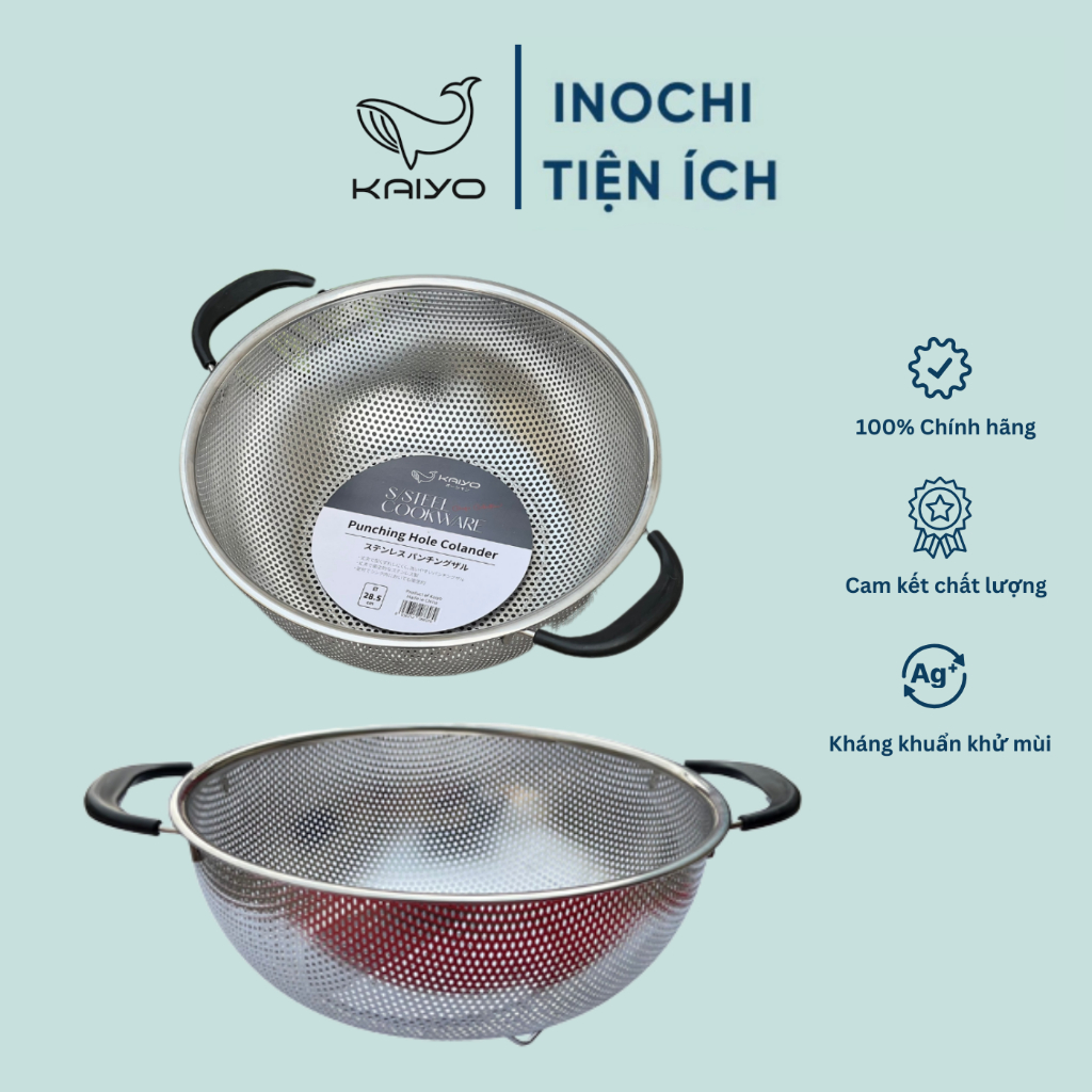 [KAIYO] Rổ inox liền khối 2 tay cầm có chân, rổ vẩy rau inox Kaiyo