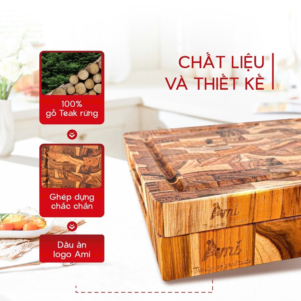 Thớt Gỗ Teak Ami Ghép Dựng Ami Thái Và Chặt, Bền Đẹp, Chống Mốc Tự Nhiên Cho Gian Bếp Sang Trọng