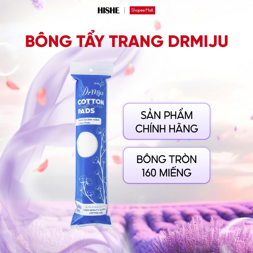 Bông Tẩy Trang Drmiju Cao Cấp – Sạch Sâu, Dịu Nhẹ, Không Xơ Bông, tròn 160 miếng, vuông 180 miếng