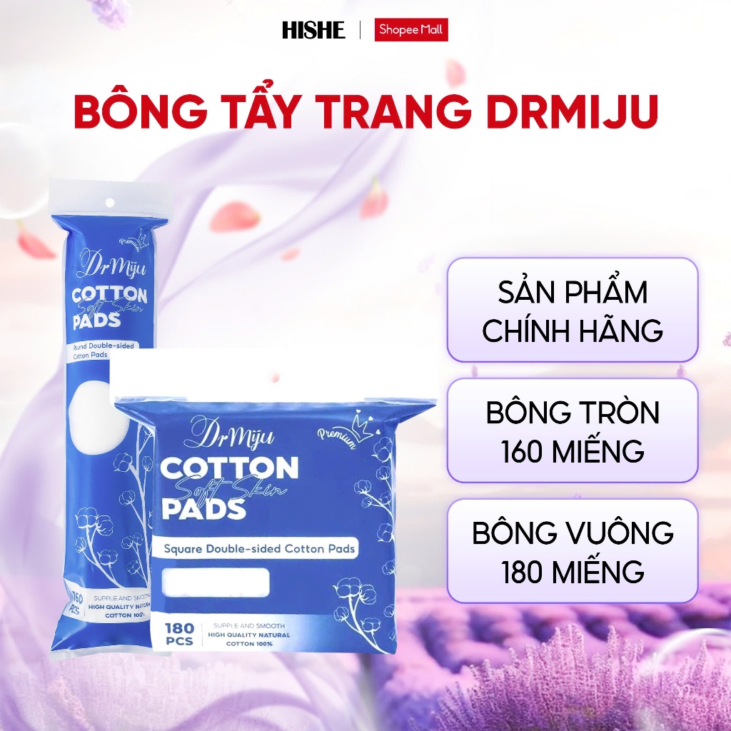 Bông Tẩy Trang Drmiju Cao Cấp – Sạch Sâu, Dịu Nhẹ, Không Xơ Bông, tròn 160 miếng, vuông 180 miếng