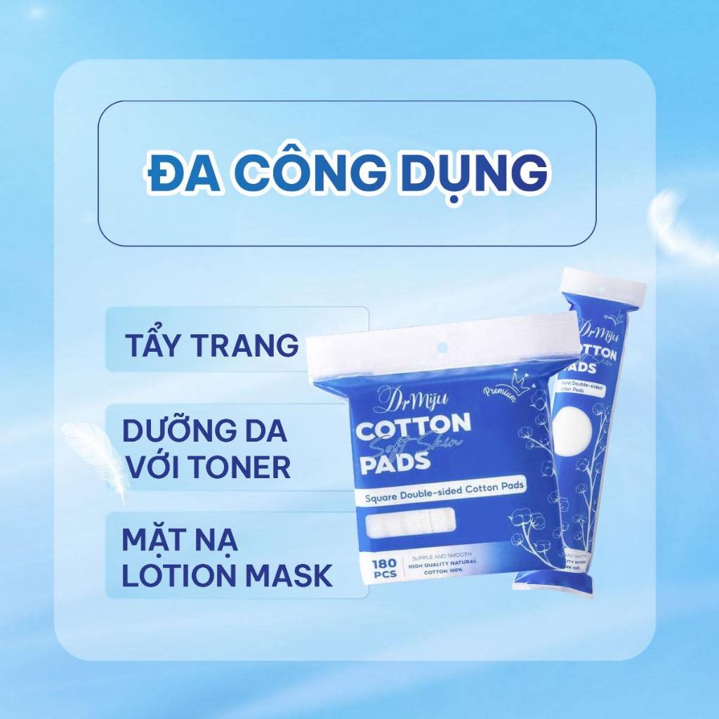Bông Tẩy Trang Drmiju Cao Cấp – Sạch Sâu, Dịu Nhẹ, Không Xơ Bông, tròn 160 miếng, vuông 180 miếng
