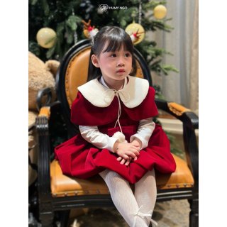 [HUMY NGO]-Váy đầm Noel cho bé gái, váy nhung đỏ phối áo choàng cho bé 2-8 tuổi. Bé mặc chụp hình Giáng Sinh Xmas [V196]