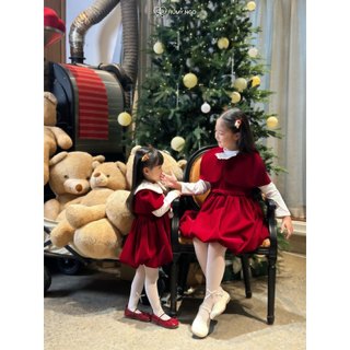 [HUMY NGO]-Váy đầm Noel cho bé gái, váy nhung đỏ phối áo choàng cho bé 2-8 tuổi. Bé mặc chụp hình Giáng Sinh Xmas [V196]