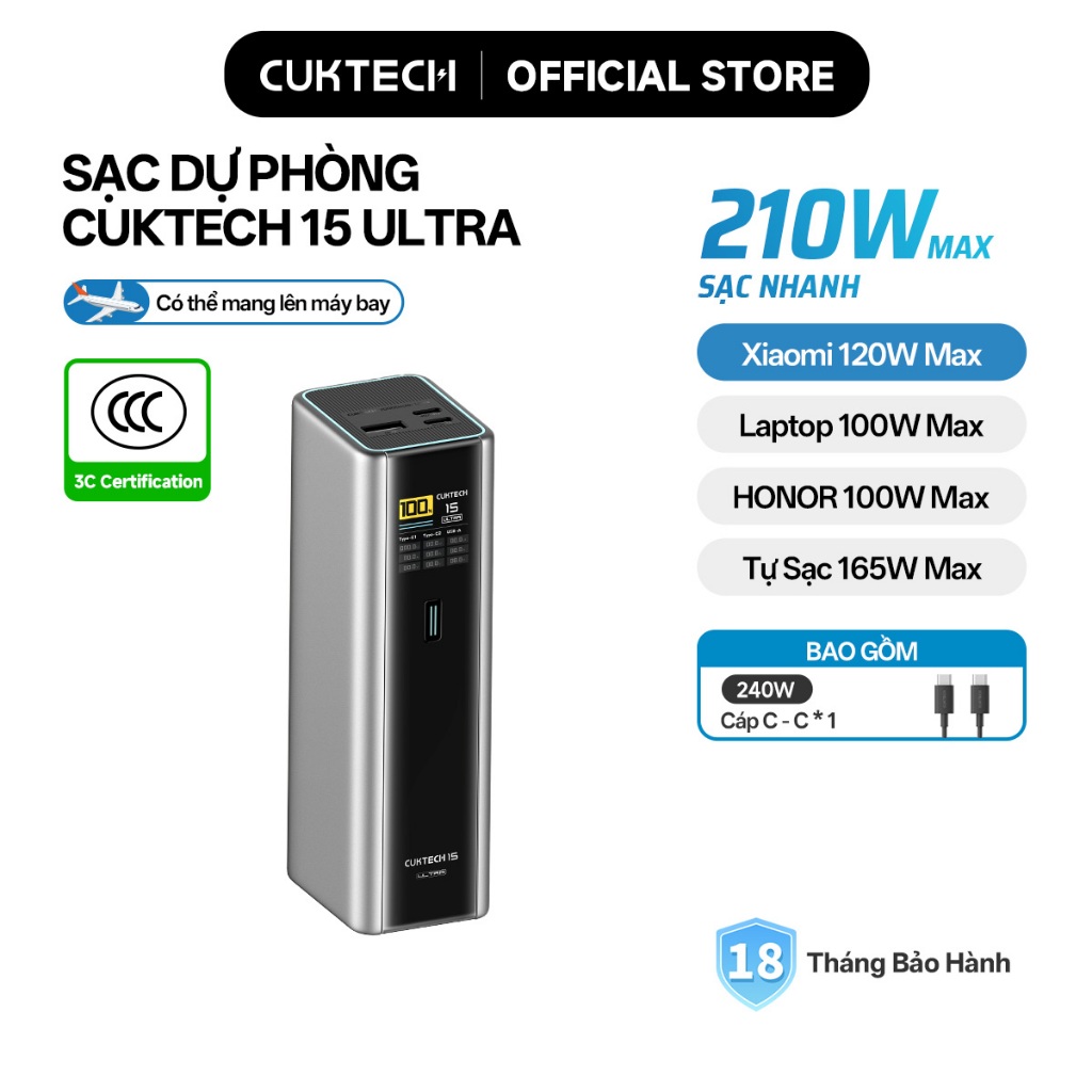 【Ưu Đãi Khai Trương】CUKTECH Sạc Nhanh 210W 20000mAh – Hỗ Trợ Xiaomi 120W, Samsung 45W, iP16/15/14 Laptop 140W
