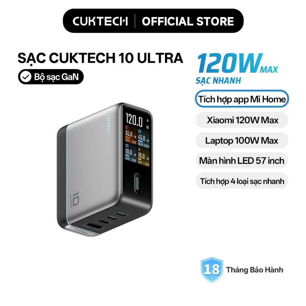Củ Sạc Nhanh CUKTECH GaN 120W 4 Cổng Điều Khiển App Mi Home Cho Laptop/iP 17/16/15 Pro Max/Xiaomi 17/Samsung S26