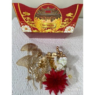 [ Tặng 10c LIXI ] Combo Khay Thuyền đựng Quà kèm Set Hoa Sang Trọng Tết(đi từ 3 khay để tránh móp hàng)